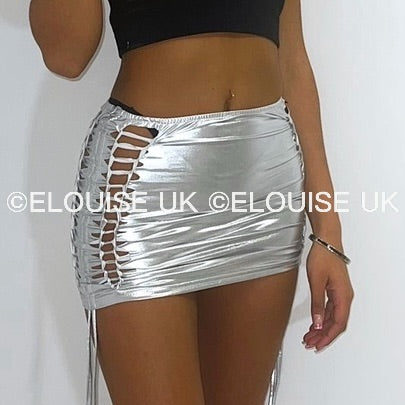 “SIENNA” METALLIC LACE UP MINI SKIRT - SILVER