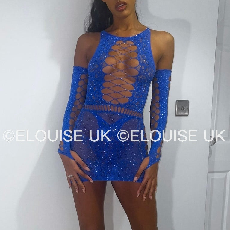 “JASMINE” MESH DRESS WITH GLOVES - BLUE