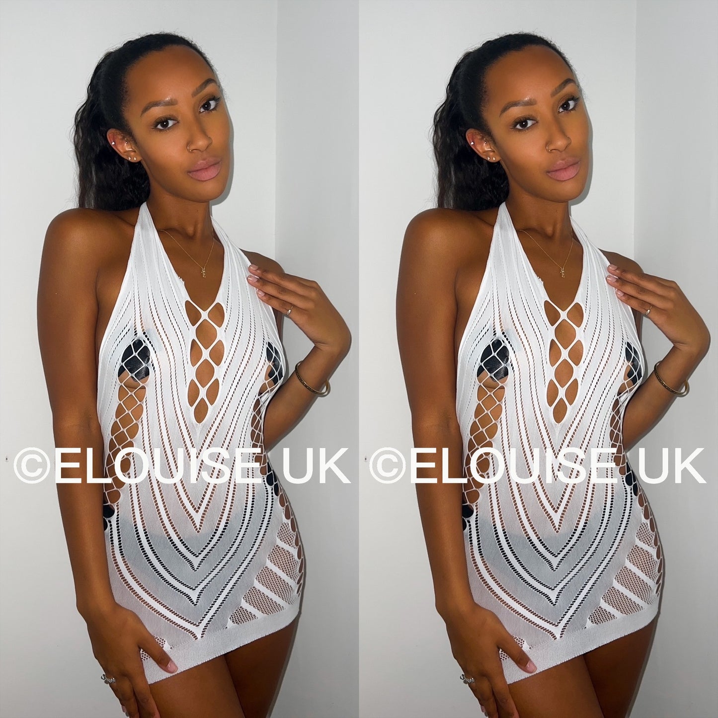 White fishnet festival dress cut out sheer halter rave dress