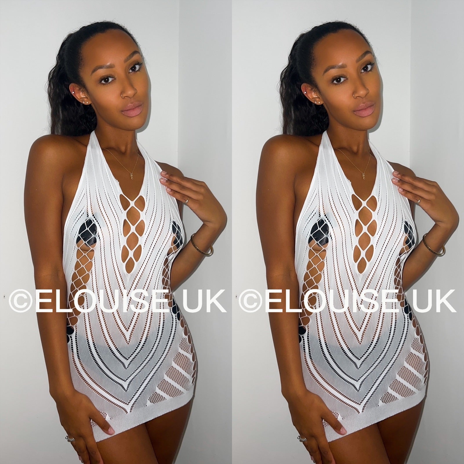 White fishnet festival dress cut out sheer halter rave dress