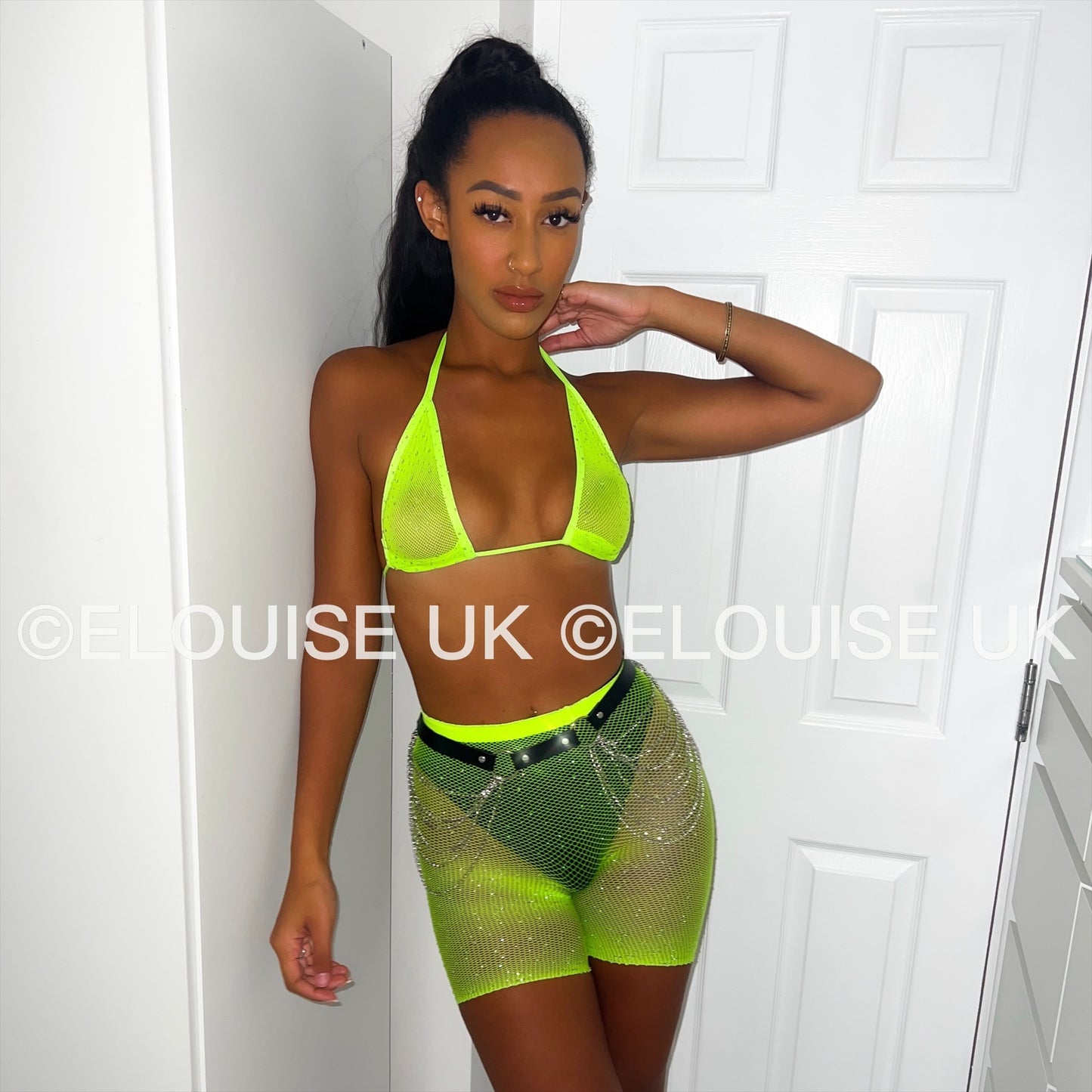 RHINESTONE FISHNET SHORTS - LIME