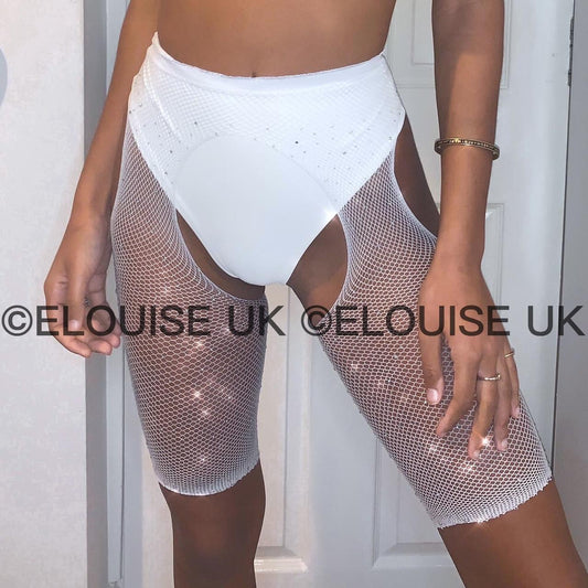 RHINESTONE FISHNET CHAPS - WHITE