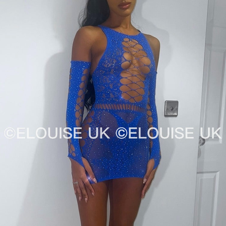 “JASMINE” MESH DRESS WITH GLOVES - BLUE