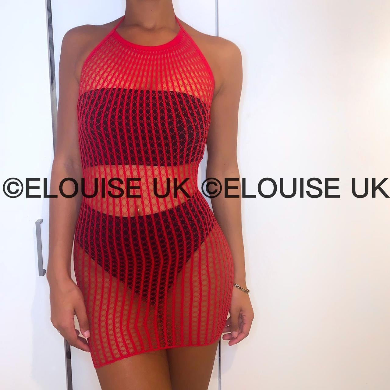 HALTER NECK FISHNET DRESS - RED