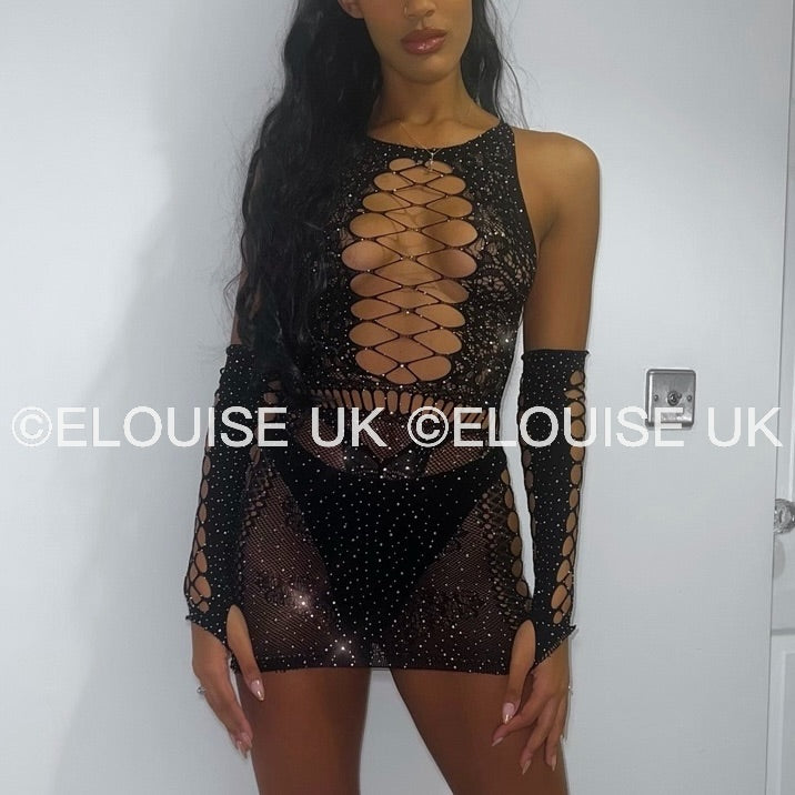 “JASMINE” MESH DRESS WITH GLOVES - BLACK