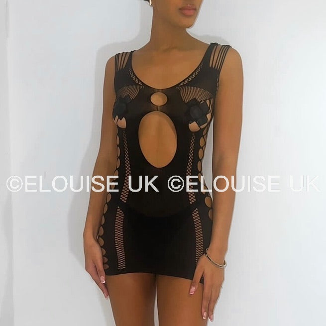 “ELLIE” MESH CUT OUT DRESS - BLACK