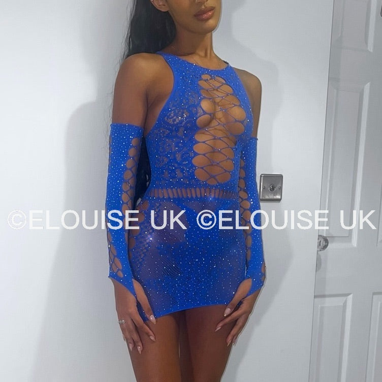 “JASMINE” MESH DRESS WITH GLOVES - BLUE