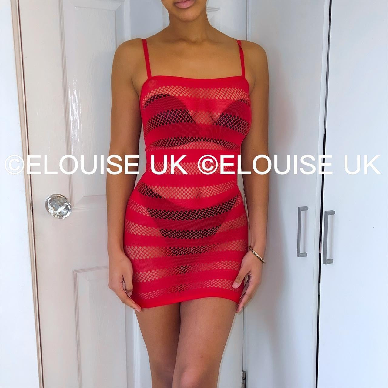 FISHNET STRIPE DRESS - RED