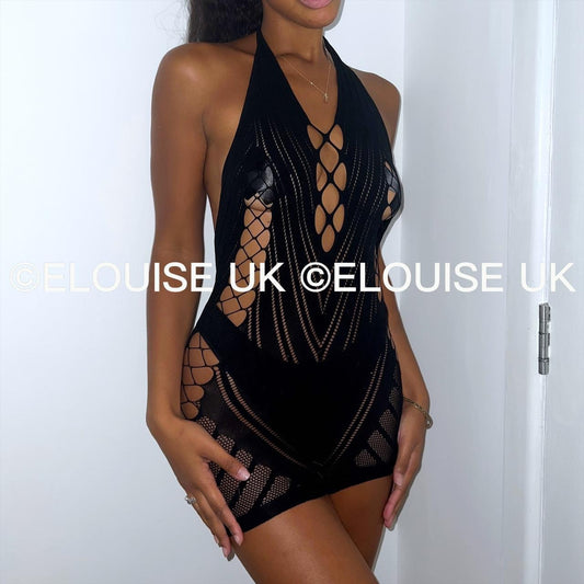 Black fishnet festival dress cut out sheer halter rave dress