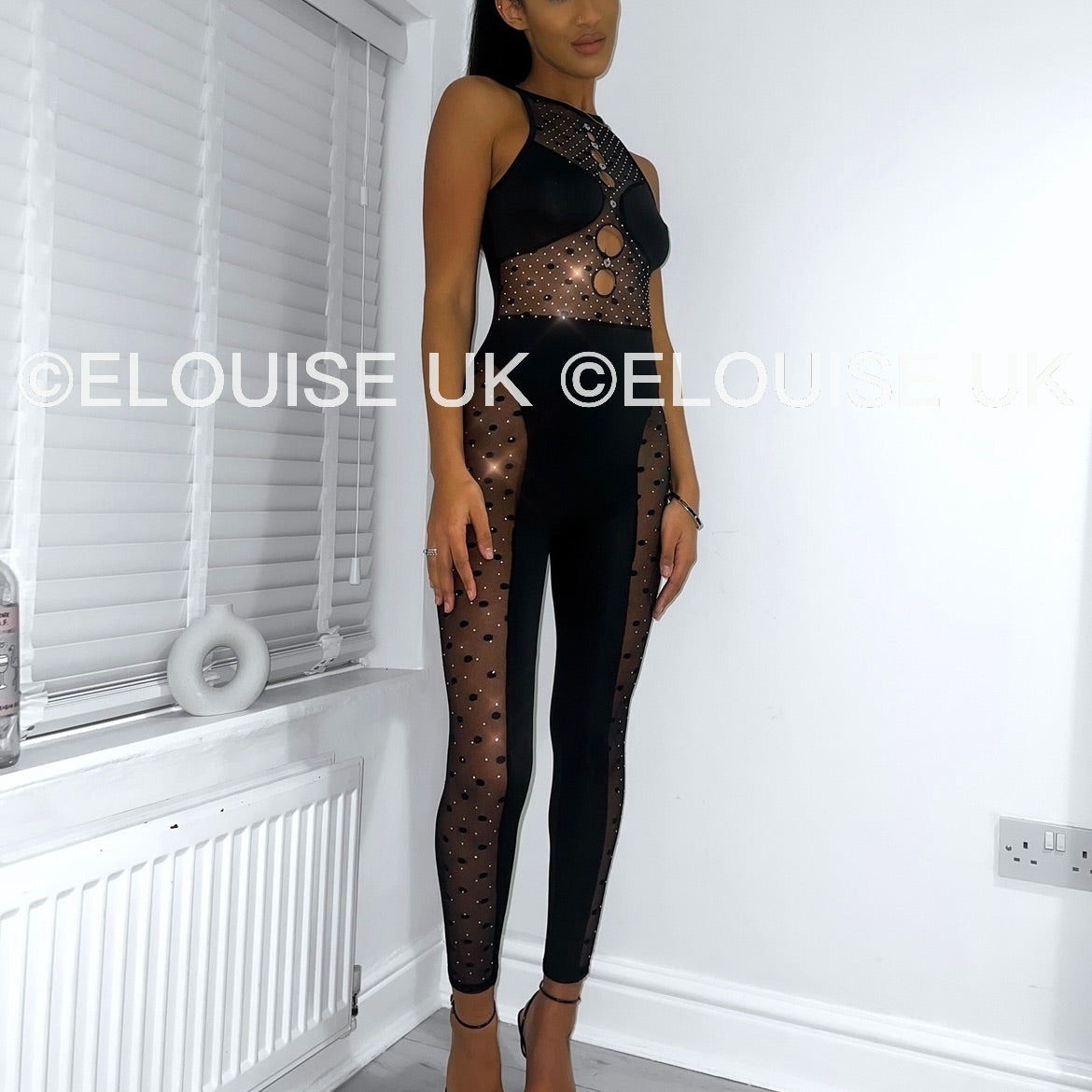 AMELIA MESH PANEL RHINESTONE JUMPSUIT ELOUISE UK