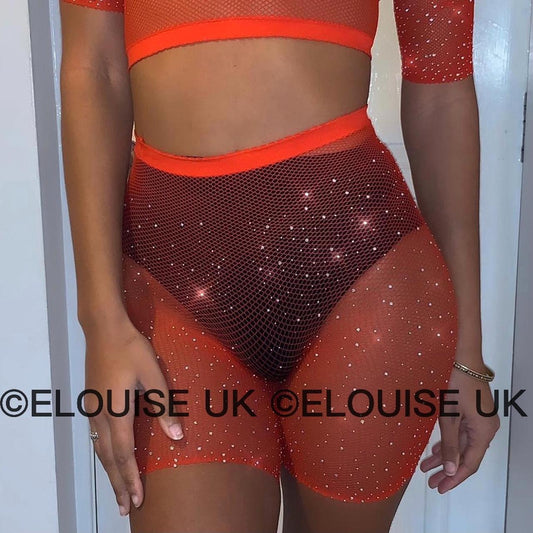 RHINESTONE FISHNET SHORTS - RED