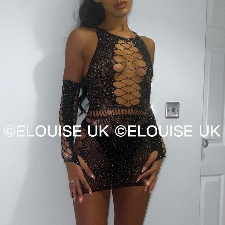 “JASMINE” MESH DRESS WITH GLOVES - BLACK