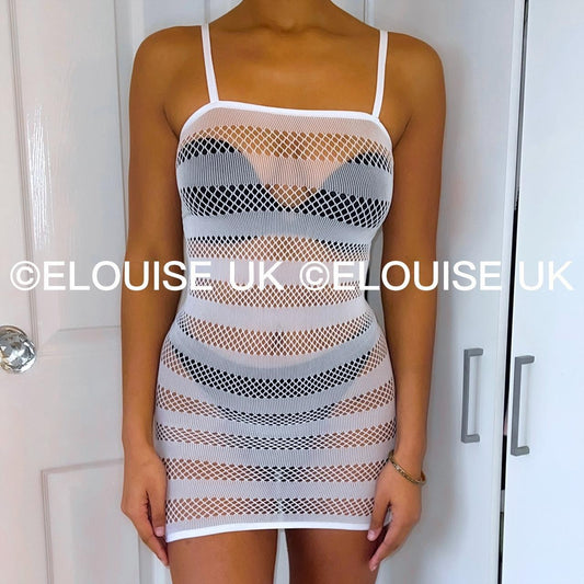 FISHNET STRIPE DRESS - WHITE