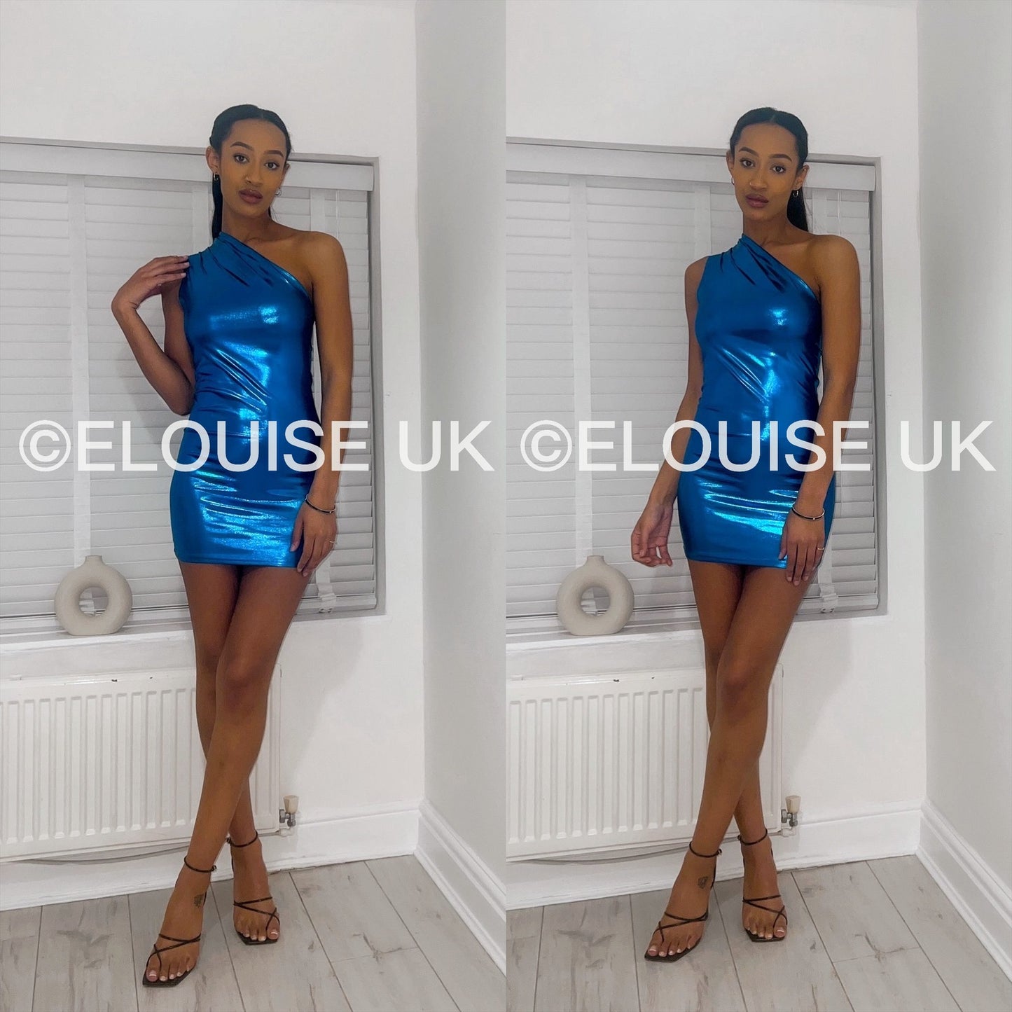 “EVA” ONE SHOULDER METALLIC DRESS - BLUE