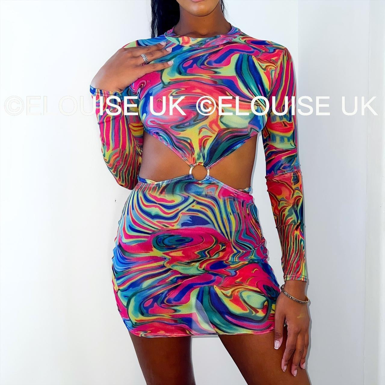 Colourful Patterned Long Sleeve Mesh Festival Rave Dress Festival Rave Outfit