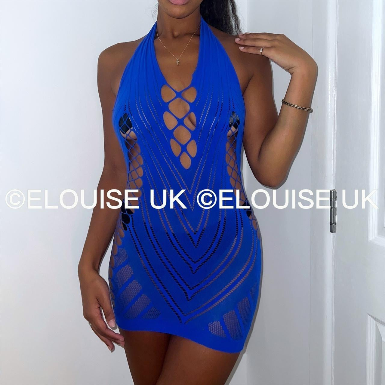 Blue fishnet festival dress cut out sheer halter rave dress