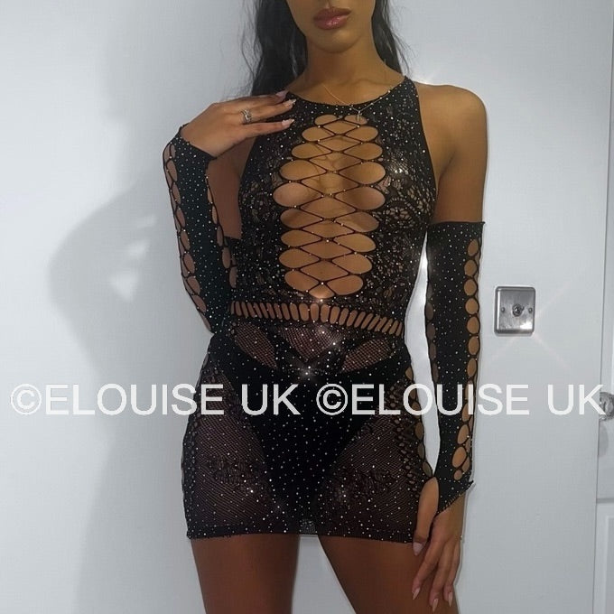 “JASMINE” MESH DRESS WITH GLOVES - BLACK