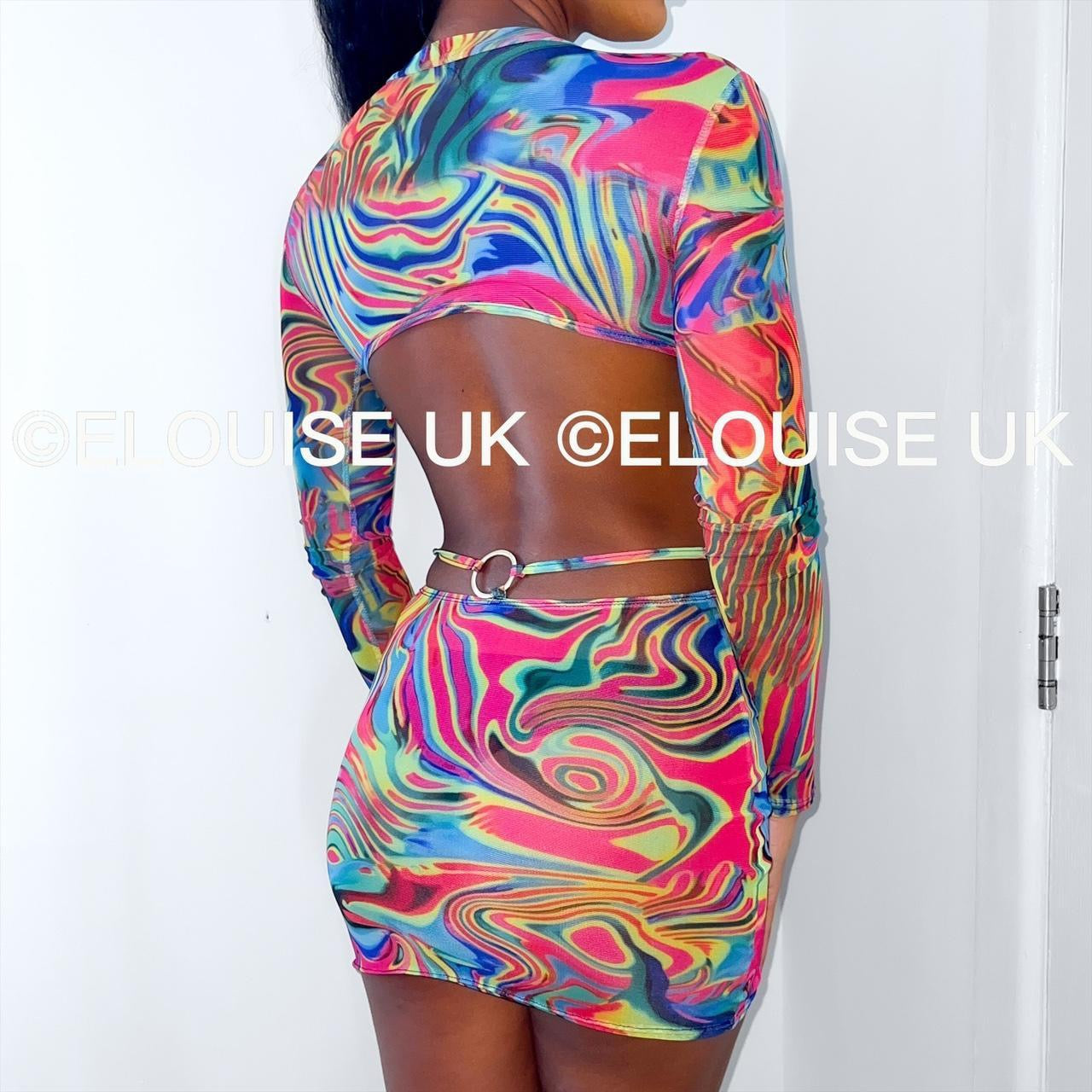 Colourful Patterned Long Sleeve Mesh Festival Rave Dress Festival Rave Outfit