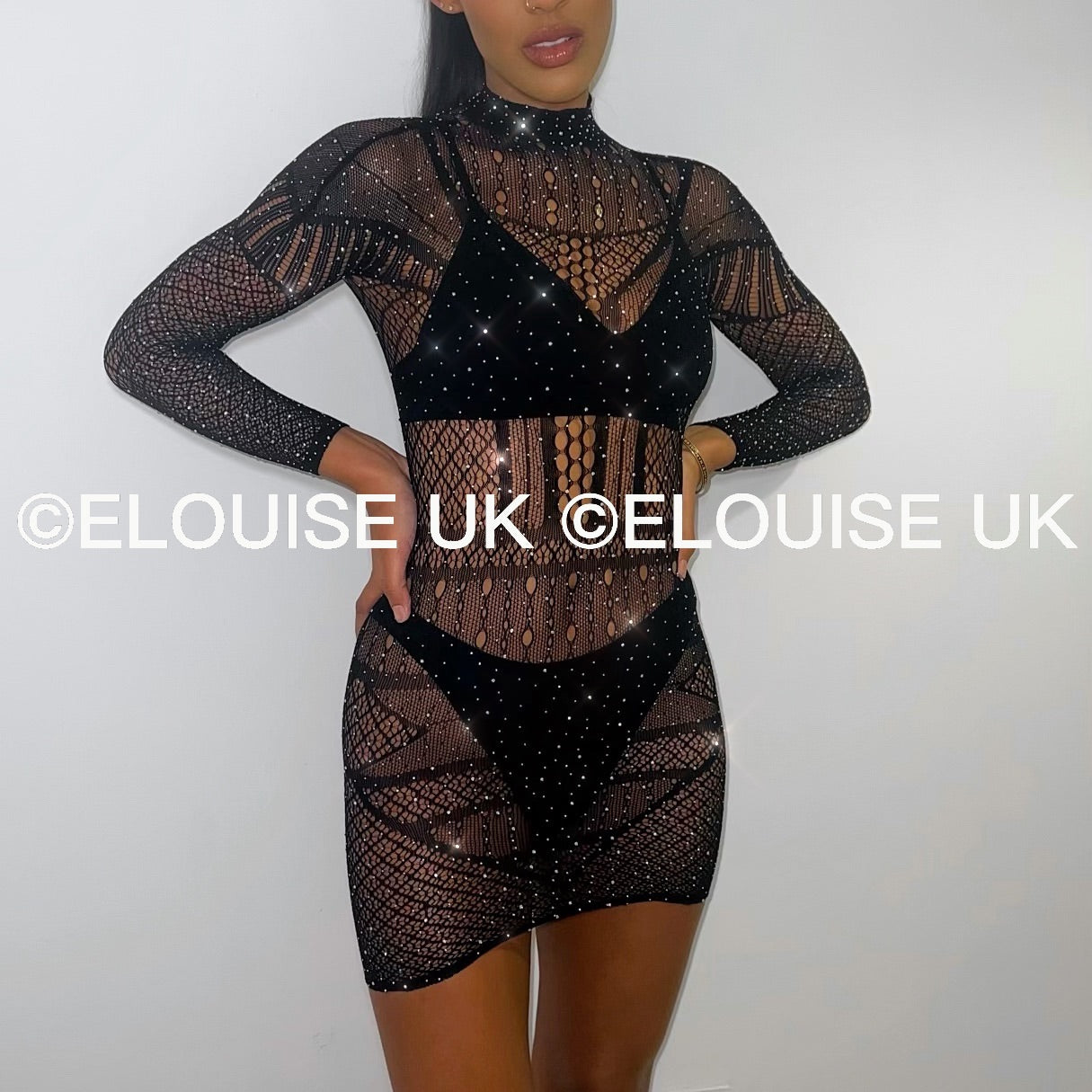 HIGH NECK DIAMANTÉ MESH DRESS - BLACK