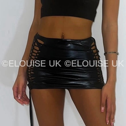 “SIENNA” METALLIC LACE UP MINI SKIRT - BLACK