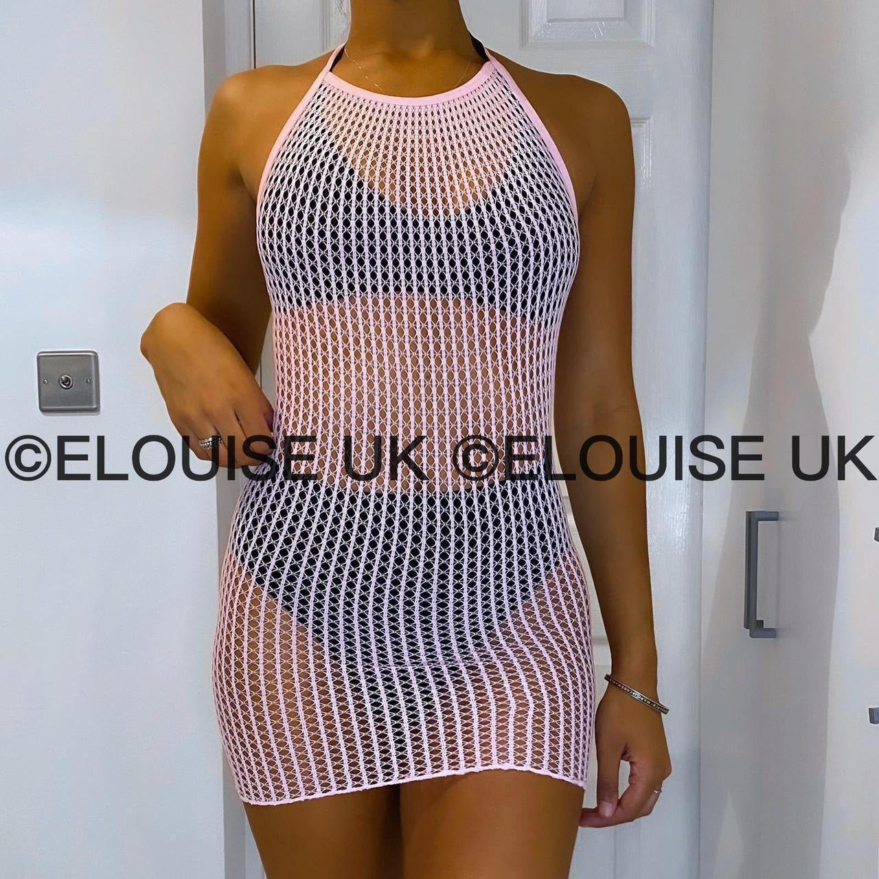 HALTER NECK FISHNET DRESS - BABY PINK