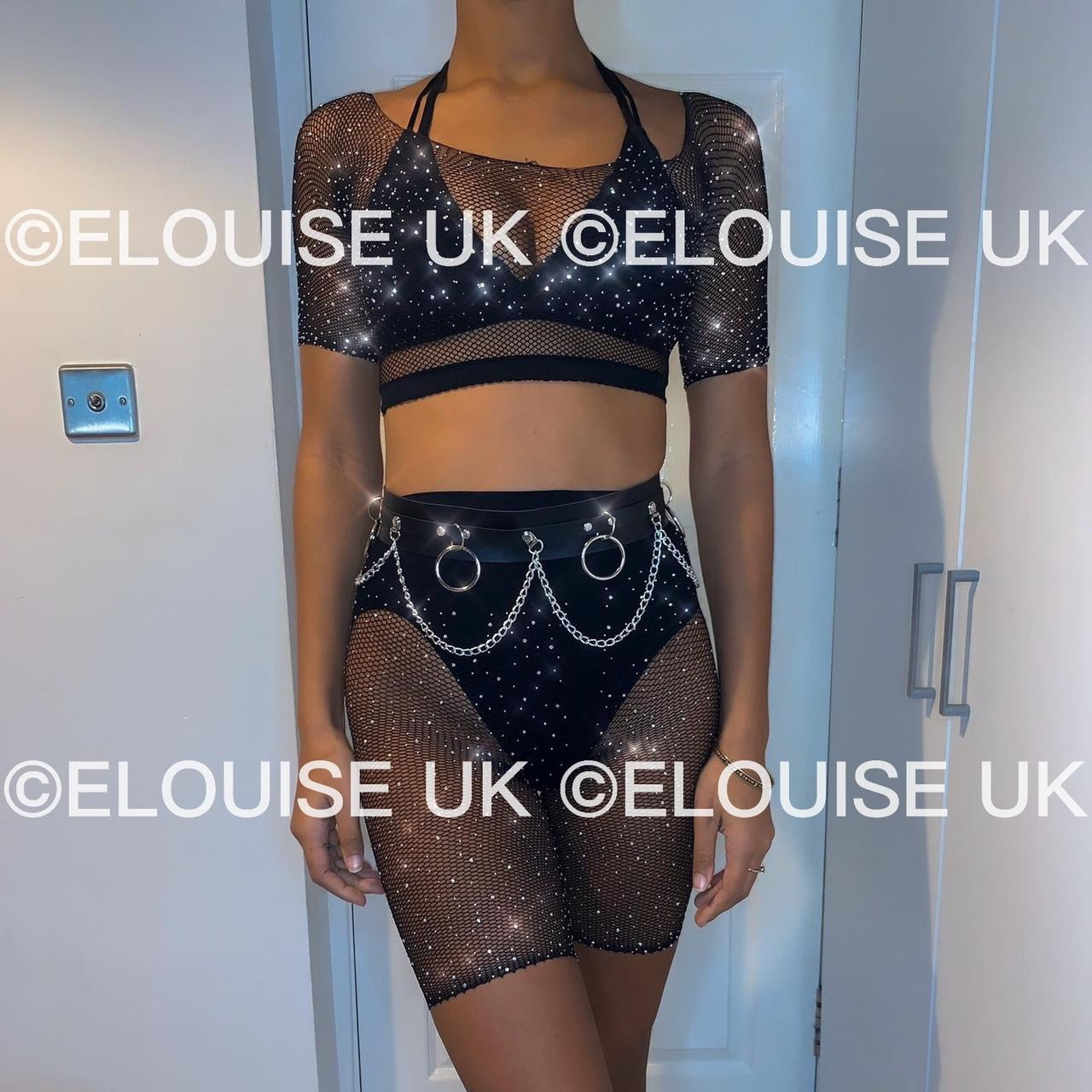 RHINESTONE FISHNET SHORTS - BLACK