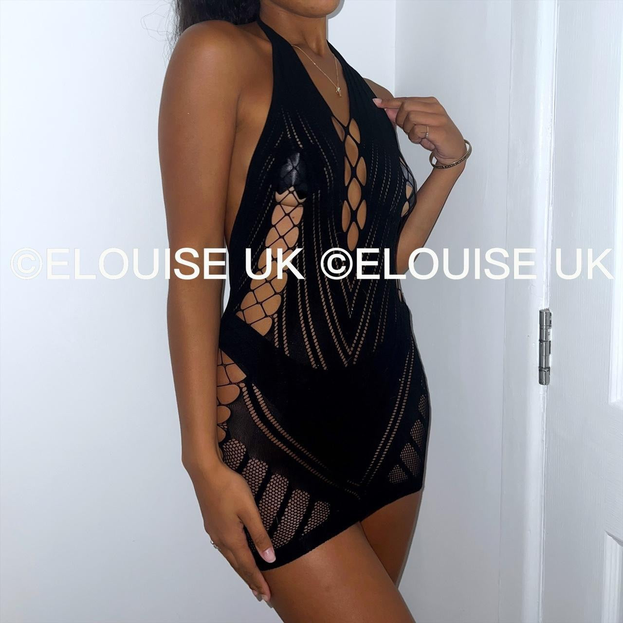 Black fishnet festival dress cut out sheer halter rave dress