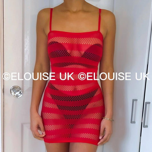 FISHNET STRIPE DRESS - RED