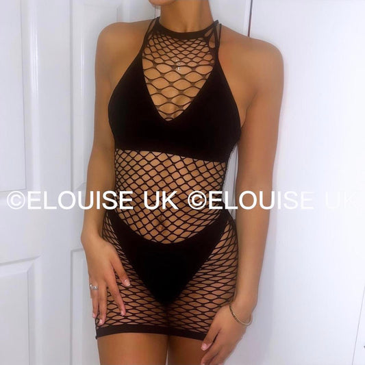 HALTER FISHNET DRESS - BLACK