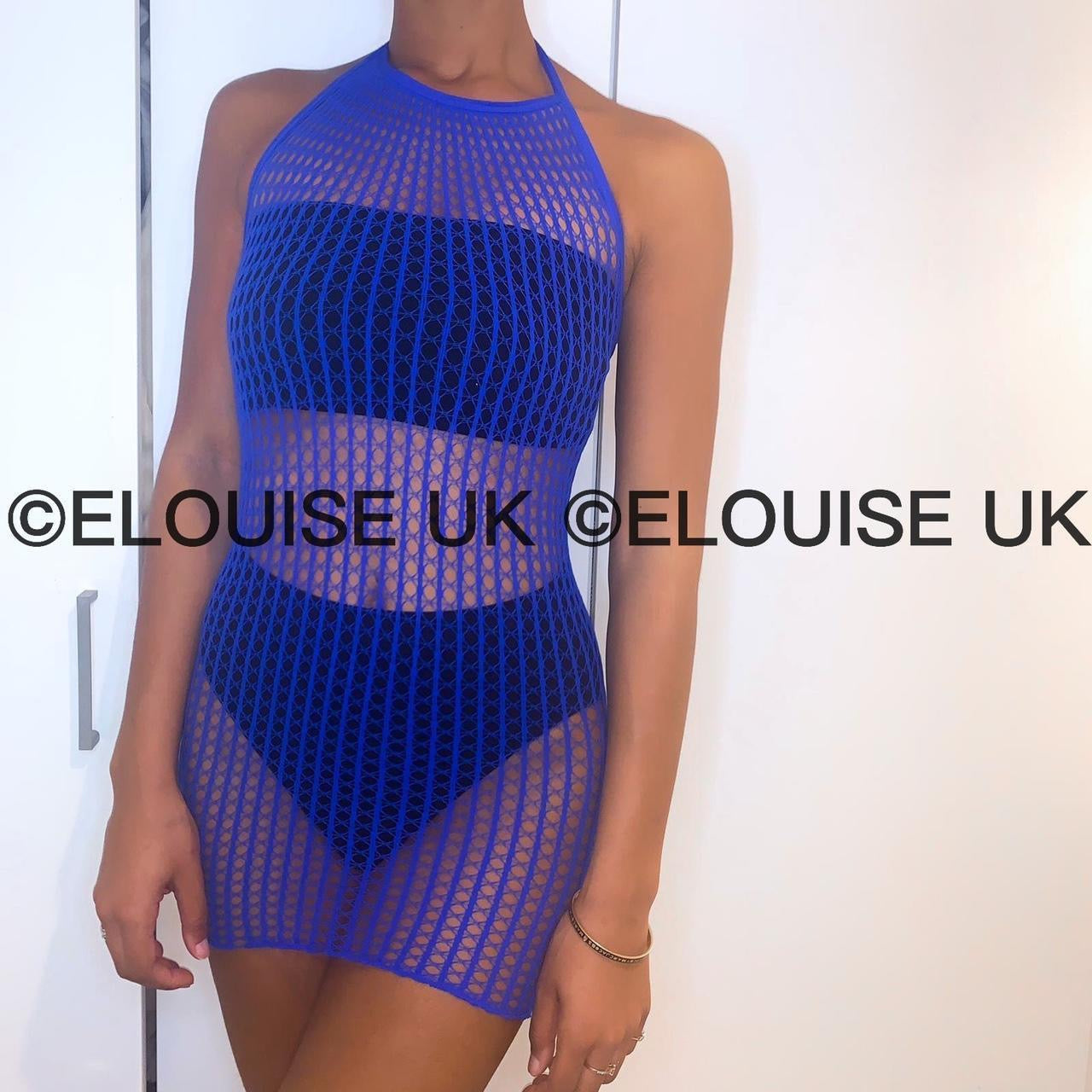 HALTER NECK FISHNET DRESS - BLUE