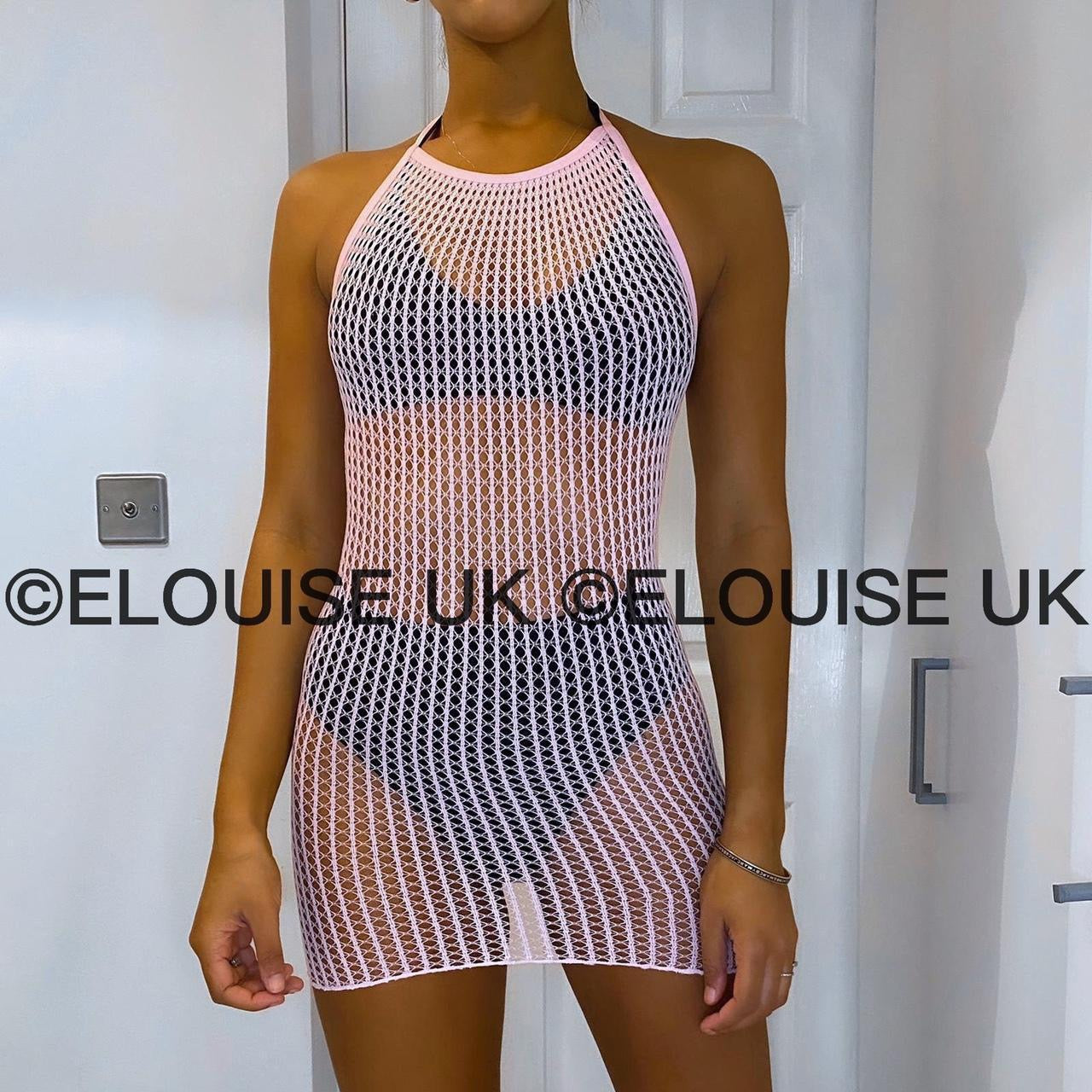 HALTER NECK FISHNET DRESS - BABY PINK