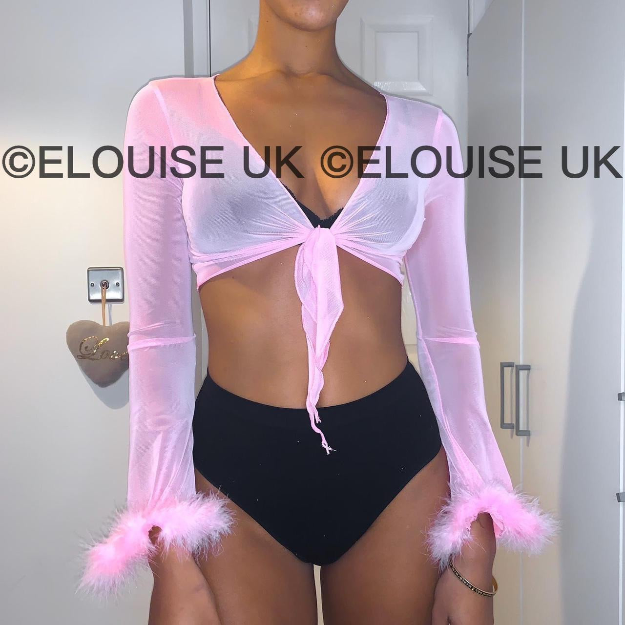 SHEER FLUFFY TIE UP TOP - PINK