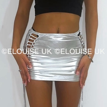 “SIENNA” METALLIC LACE UP MINI SKIRT - SILVER