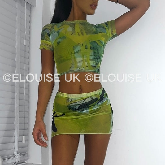 “MILLIE” GREEN PRINTED MESH TWO PIECE