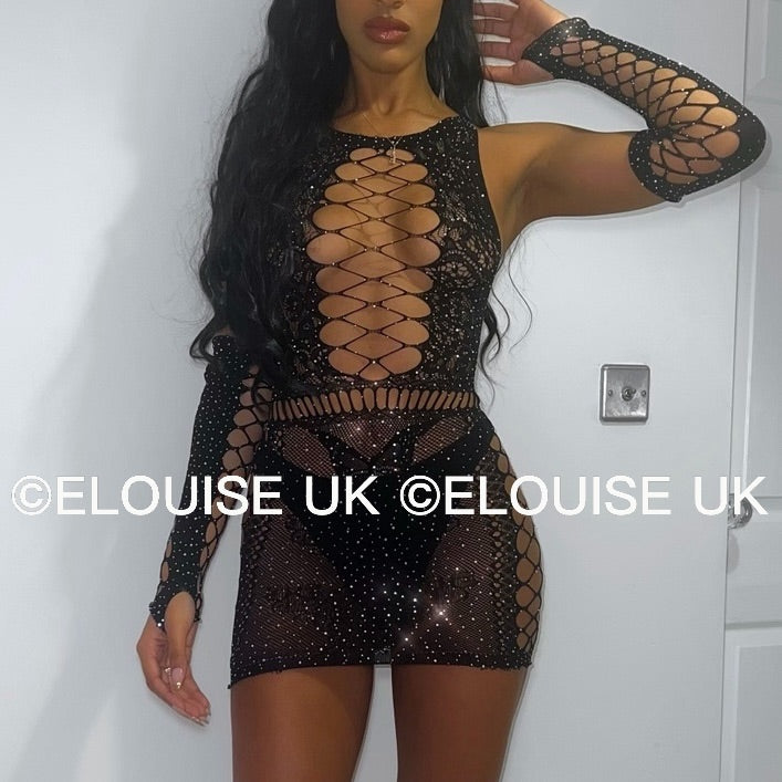 “JASMINE” MESH DRESS WITH GLOVES - BLACK