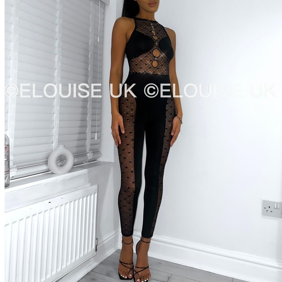 “AMELIA” MESH PANEL RHINESTONE JUMPSUIT