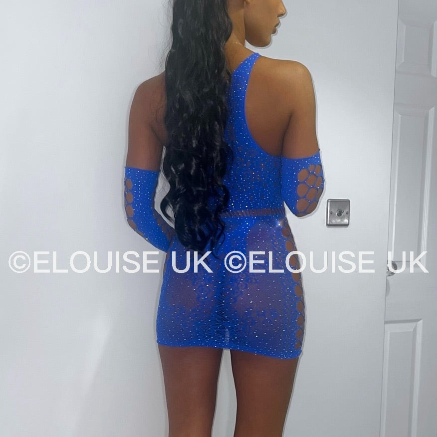 “JASMINE” MESH DRESS WITH GLOVES - BLUE