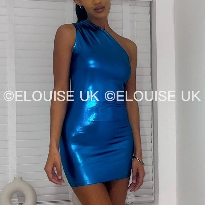 “EVA” ONE SHOULDER METALLIC DRESS - BLUE